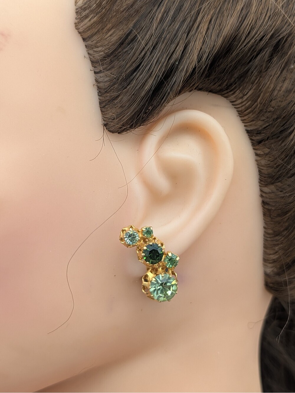 Vintage Signed AUSTRIA Multi-Tone Green Rhinestone Ear Climber Earrings
